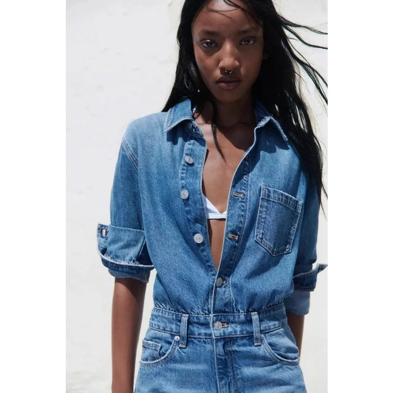 European And American Style Blue Denim High Waisted Jumpsuit Women'S Spring And Autumn Collar Casual Fashion Pants Straight Leg