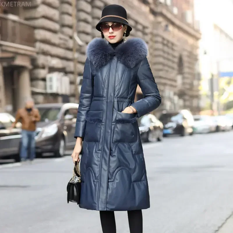 Cappotto in vera pelle di pecora elegante piumino d'anatra donna nuovo inverno piumini spessi collo in pelliccia di volpe giacche in vera pelle di media lunghezza