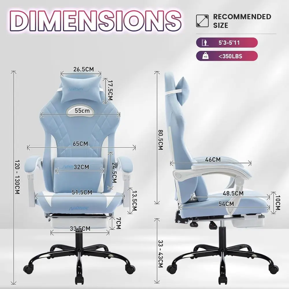 Ergonomic Gaming Chair with Ottoman and Massage Lumbar Support, Cyan White Office Video Game Chair view 3