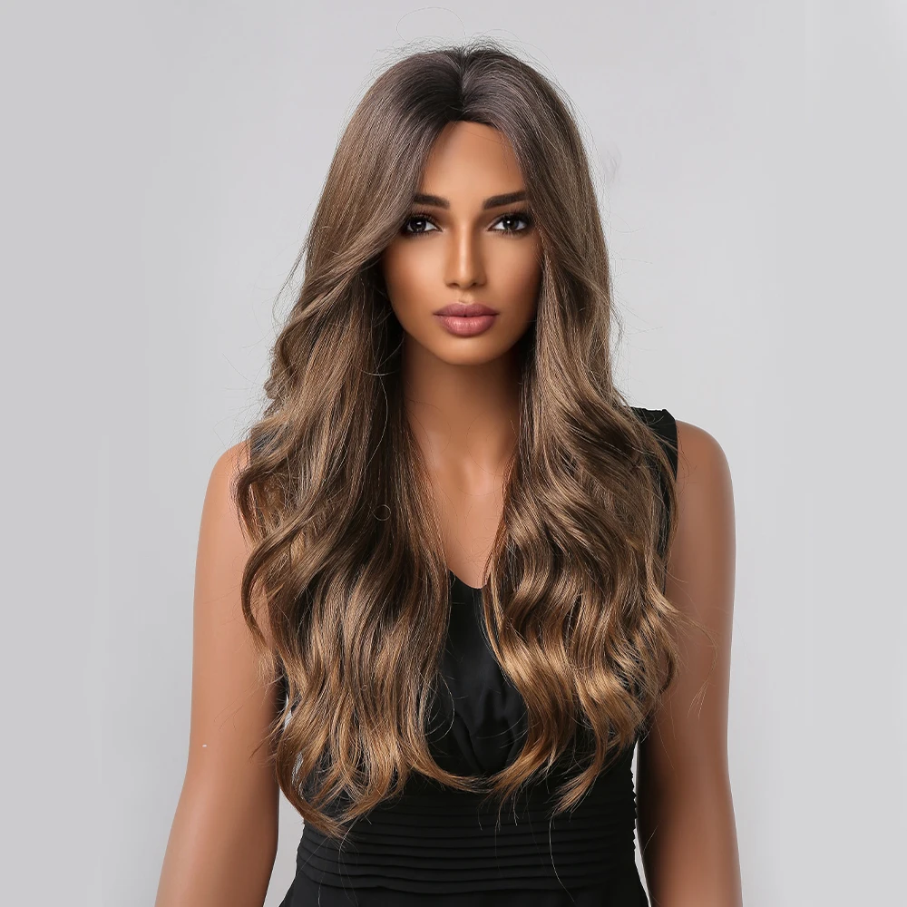 ALAN EATON Chestnut Brown Long Water Wave Wig Female Synthetic Hair Wigs for Black Women Medium Brown Cosplay Wigs Costumes