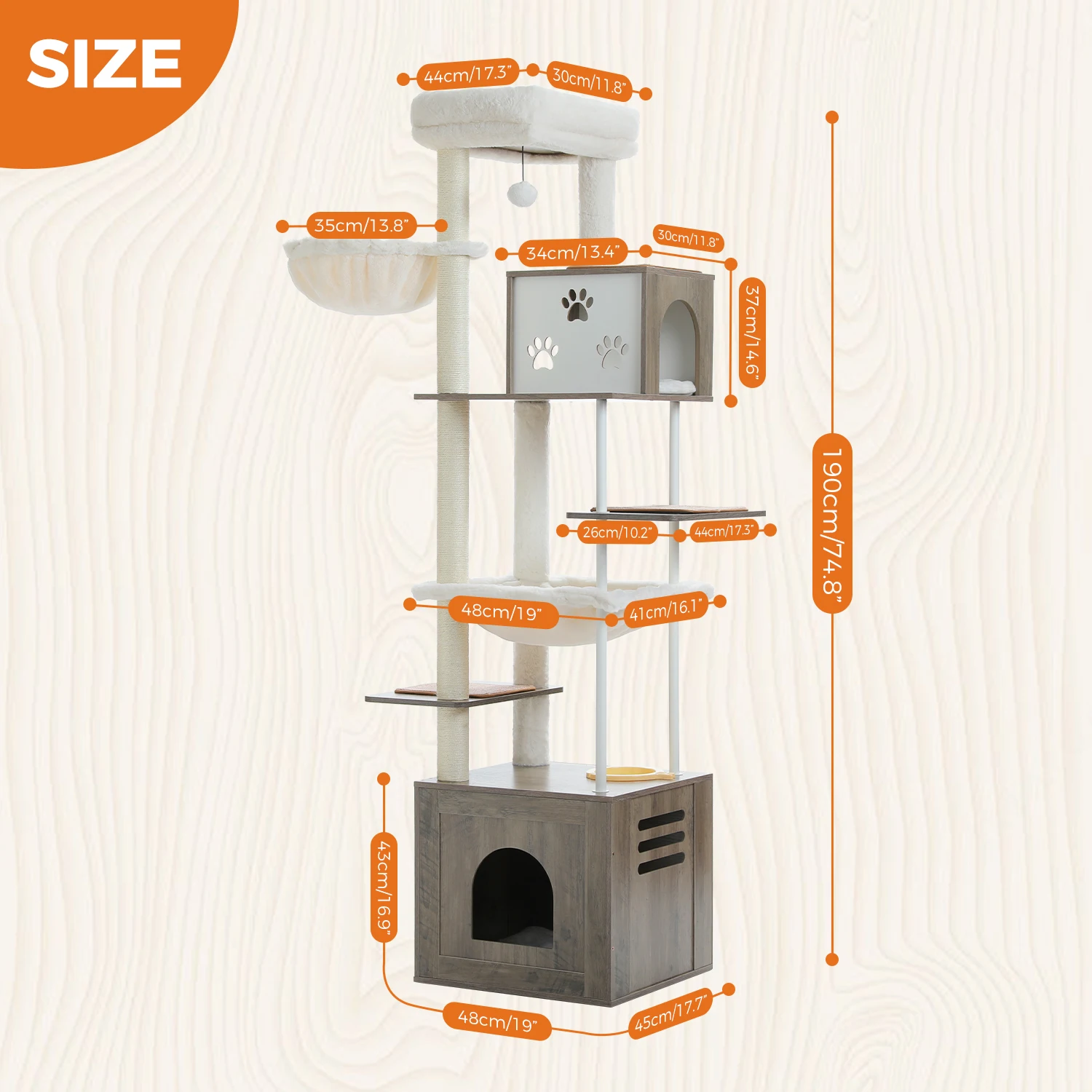 Modern Large Cat Tree with Removable Cover&Anti-Slip Mats,Spacious Cave for Stability,Large Steel Frame Hammock,Large Top Perch