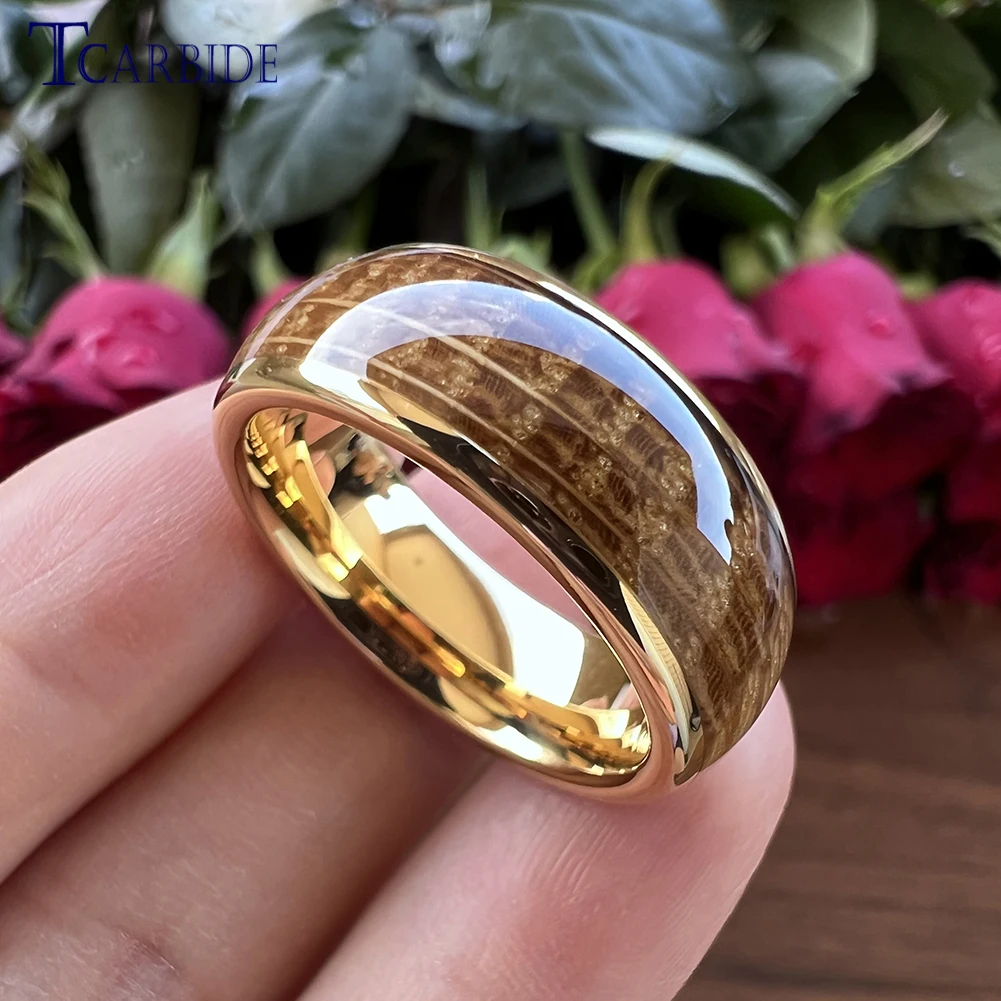 8MM Tungsten Engagement Wedding Bands Rings for Men Women Real Whiskey Barrel Oak Wood Inlay Domed Shape Polished Shiny