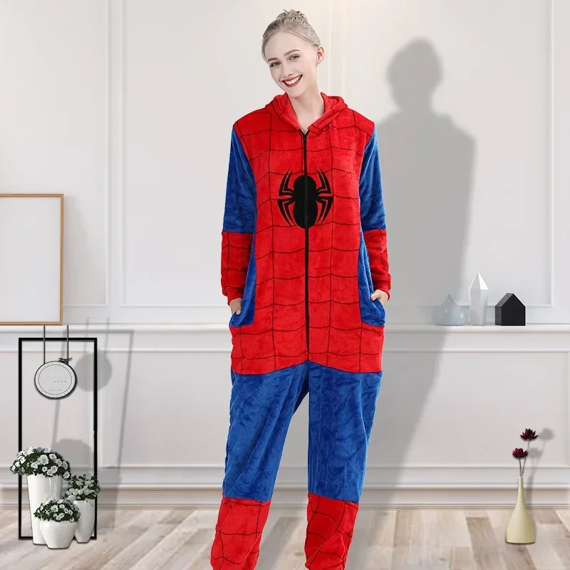 2024 New Flannel Spiderman Adult Children Spider Man Costume Clothes One-piece Nightgown Home Hooded Sleepwear Jumpsuit Pijama