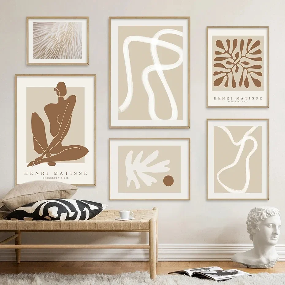 Boho Minimalist Abstract Matisse Beige White Line Wall Art Poster Canvas Paintings Print Picture Living Room Interior Home Decor
