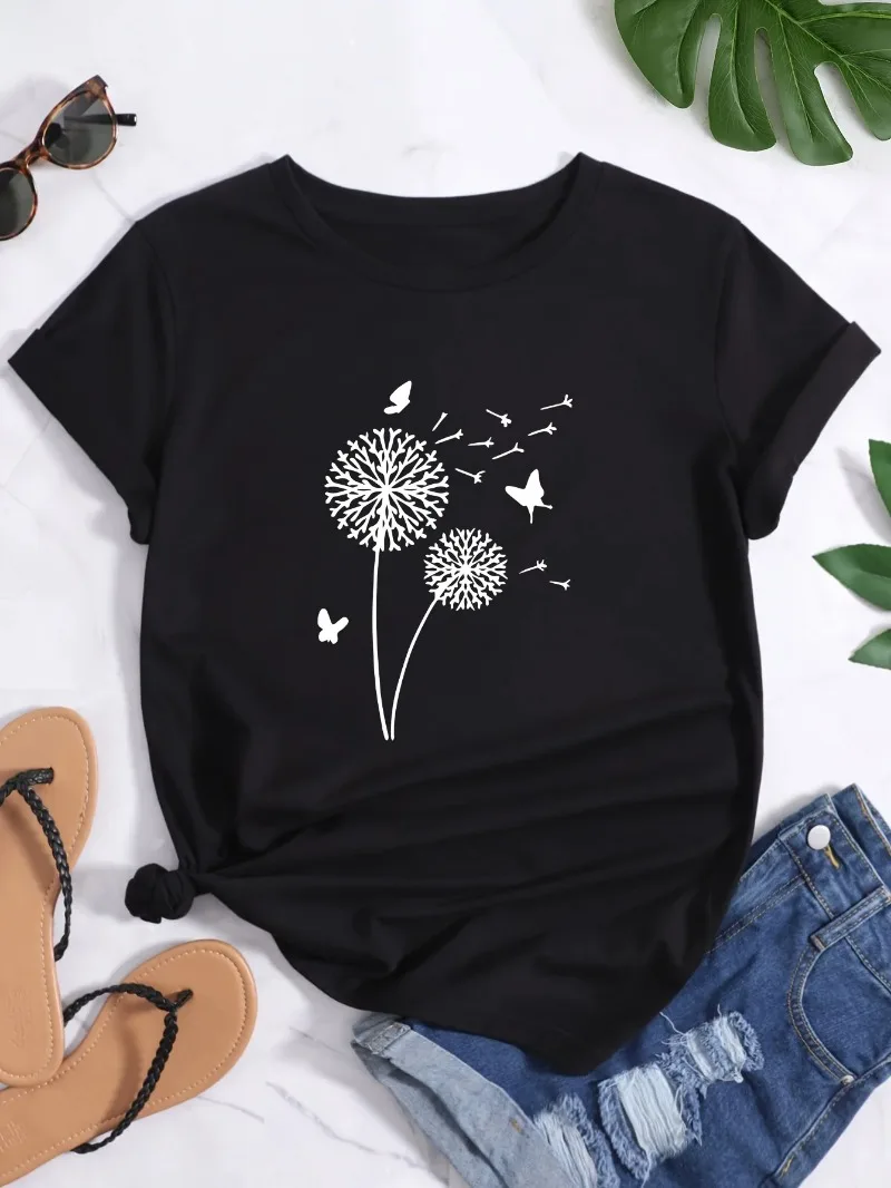 Camiseta feminina gola redonda estampada dente-de-leão, camiseta casual manga curta, roupa primavera, verão