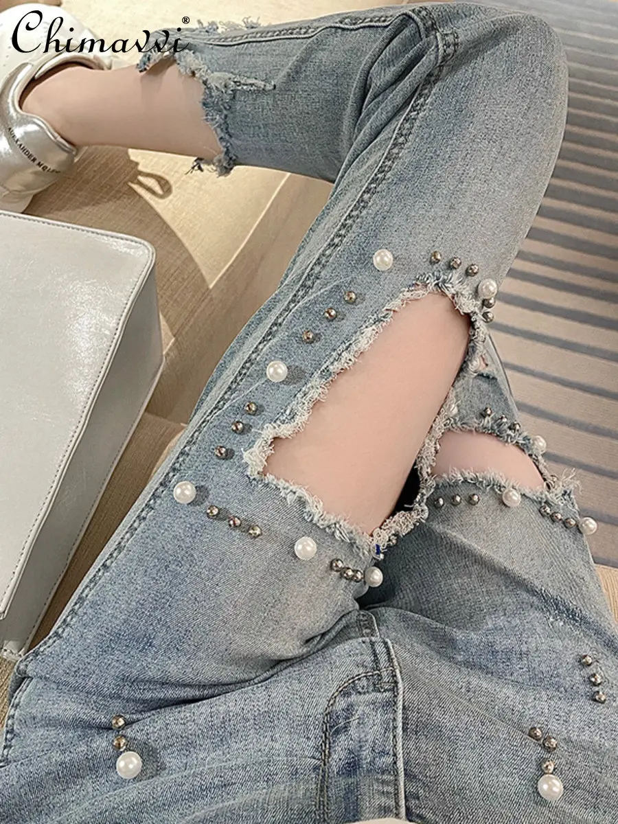 

Ripped Jeans Women 2023 Summer New Fashion Hot Girl High Waist Slim Ankle-Length Straight-Leg Pants Thin Elegant Ladies Trousers