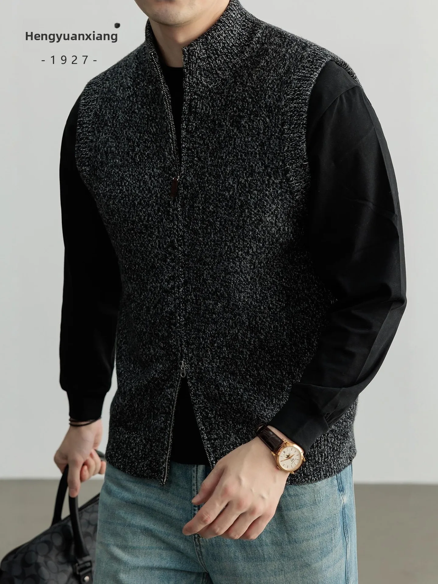 100% Cashmere Zipper Sleeveless Knitted Vest Casual Fashion Urban Style Half High Collar Men's Fashion Autumn Winter New Arrival