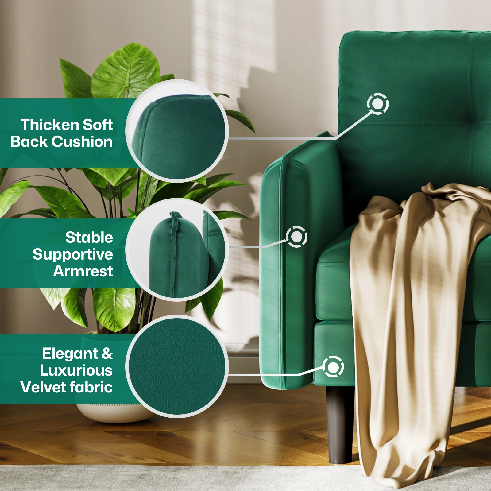 أريكة بمقعدين، أريكة مخملية حديثة مع وسائد سميكة، أريكة مريحة بمقعدين لغرفة المعيشة، غرفة النوم، المكتب، الشقة، #4