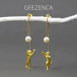 Geezenca-女性のための真珠と金メッキのイヤリング,925スターリングシルバー,パールペンダント,かわいい子猫,長いタッセル