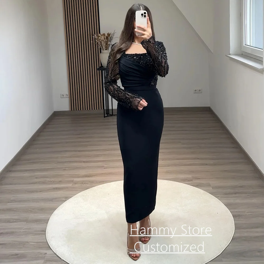 Red Evening Dress Customized Long Sleeves Square Neck Beading Pearls Ankle Length Arabian Prom Gown Cocktail Party Dresses