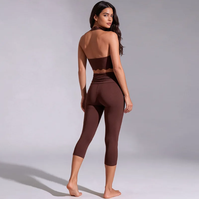 Women Halter Lace Sports Vest 2 Piece Set Summer Tight Three Quarter Leggings Fitness Workout Yoga Outfit For Outdoor Training