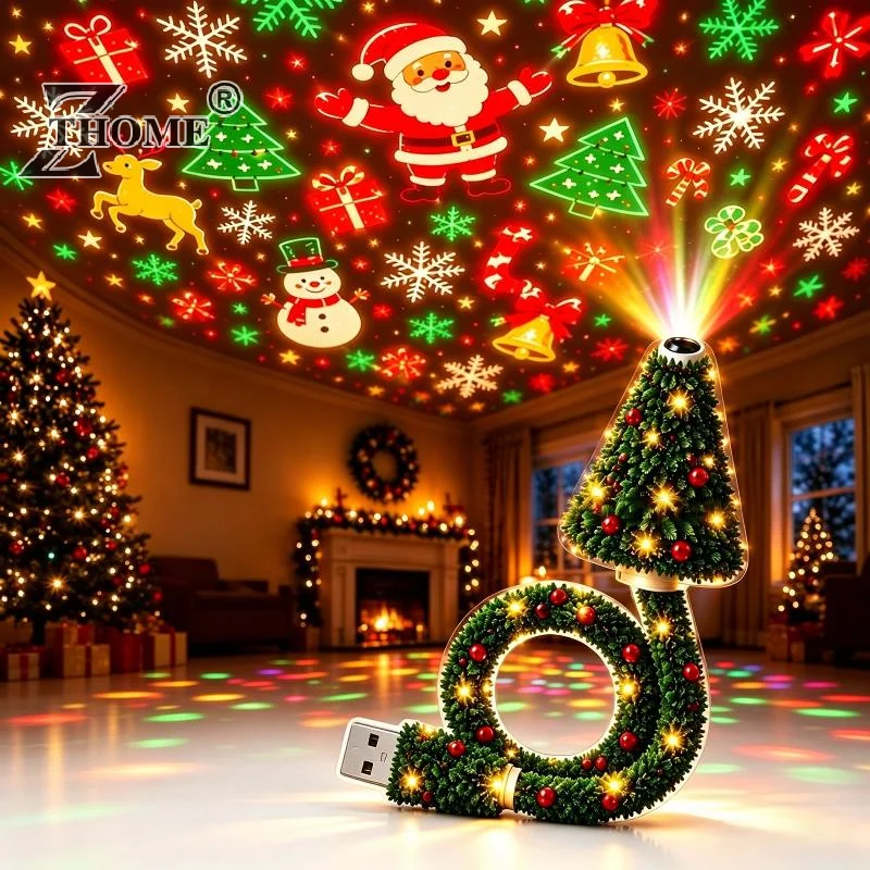 Christmas Projector Light USB Powered Christmas Night Lights With 6 Holiday Patterns Flexible Tree Lamp For Bedroom Ceiling