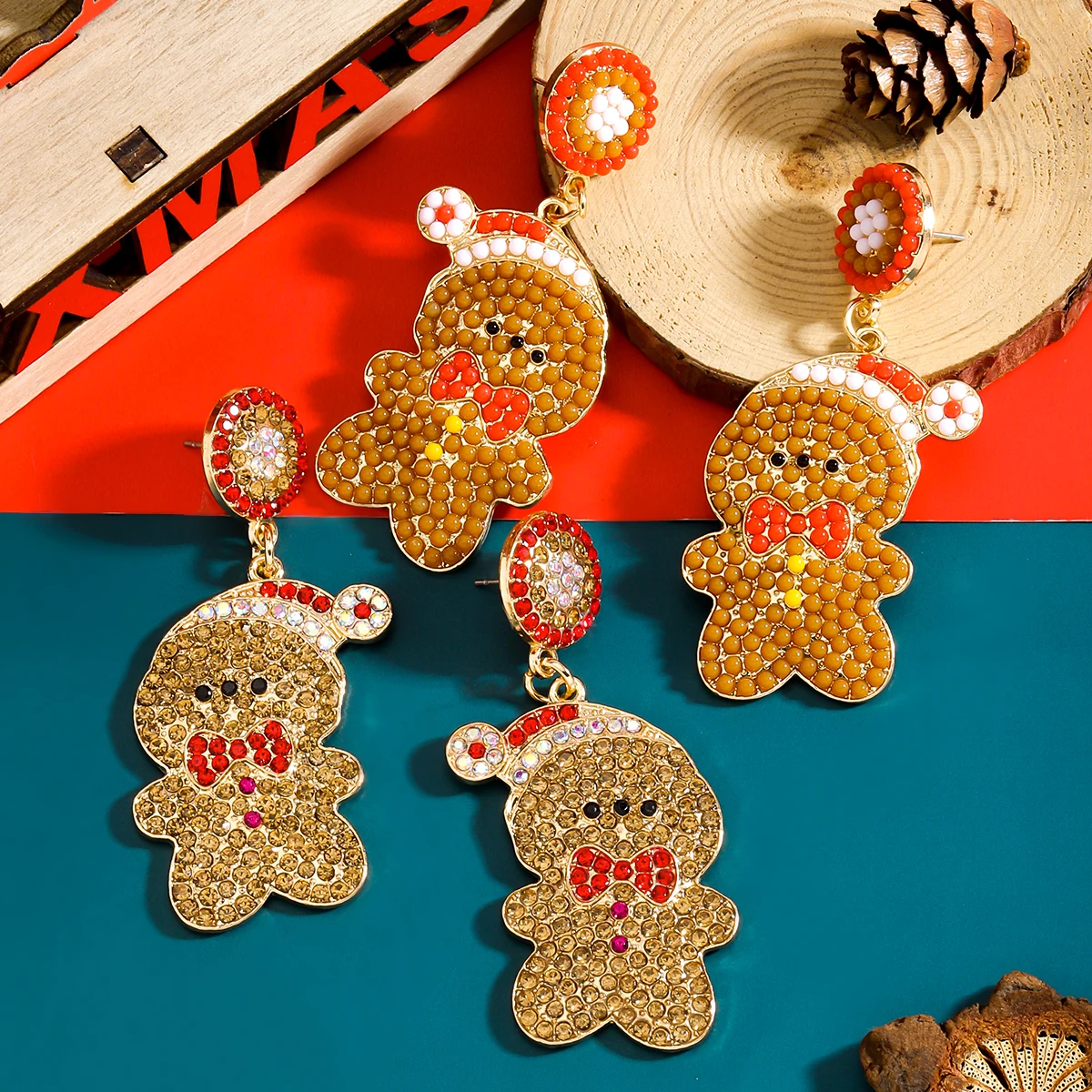 Dvacaman Christmas Gingerbread Man Earrings Cute Crystal Dangle Drop Earrings for Women Rhinestone Xmas Hat Holiday Party Gifts