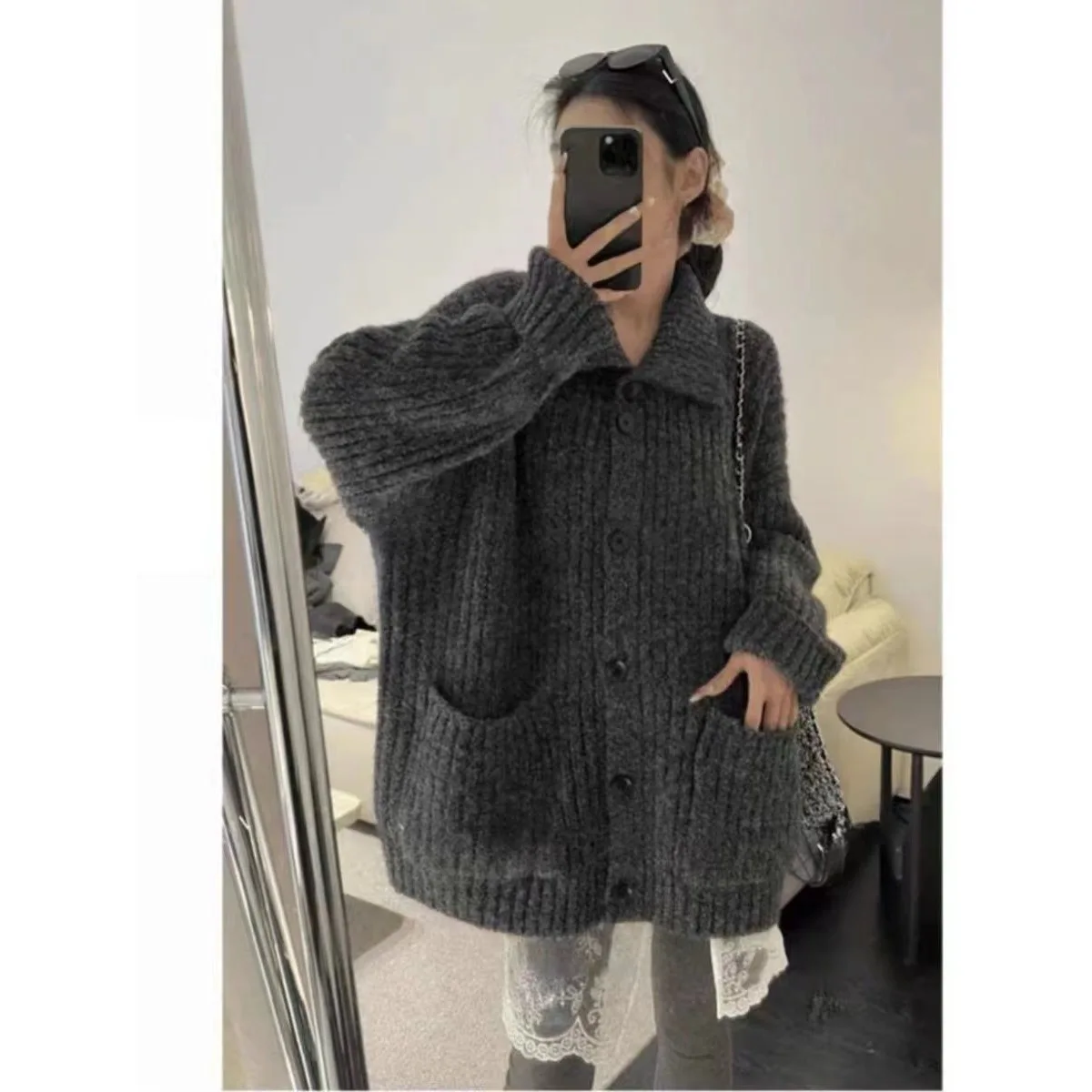 

Autumn Winter New Style Soft Polyester Fiber Pure Color Fashionable Loose Women's Knitted Open Cardigan Sweater High Collar