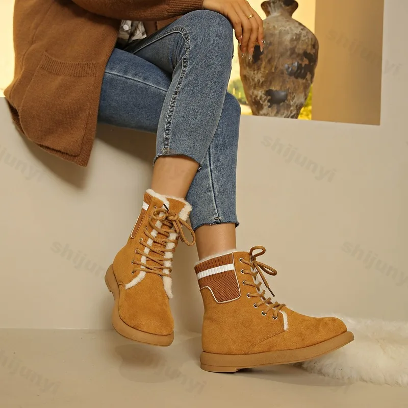 

Зимние ботинки на платформе, женские зимние новые уличные нескользящие винтажные короткие ботинки с перекрестной завязкой, утепленная плюшевая удобная теплая хлопковая обувь