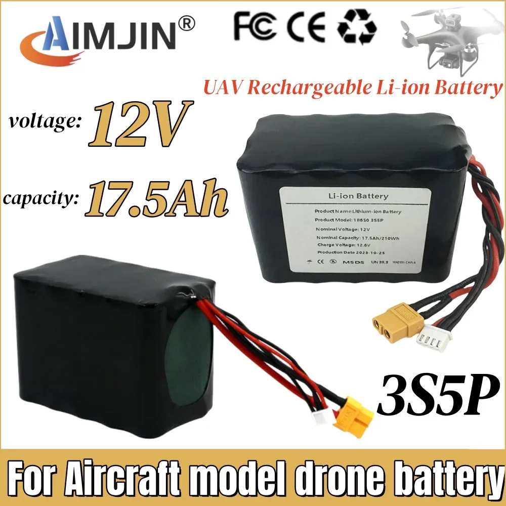 12V 17.5Ah 3S5P High Capacity UAV Rechargeable Li-ion Battery for Various RC Airplane Drone Quadrotor,with Connector XH2.54+XT60