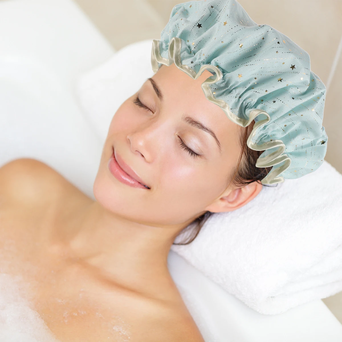 

Double Layer Waterproof Shower For Women Reusable Bathing Cap Large Elastic Bonnet Thickened Wrap Bath Accessories Gold Foil