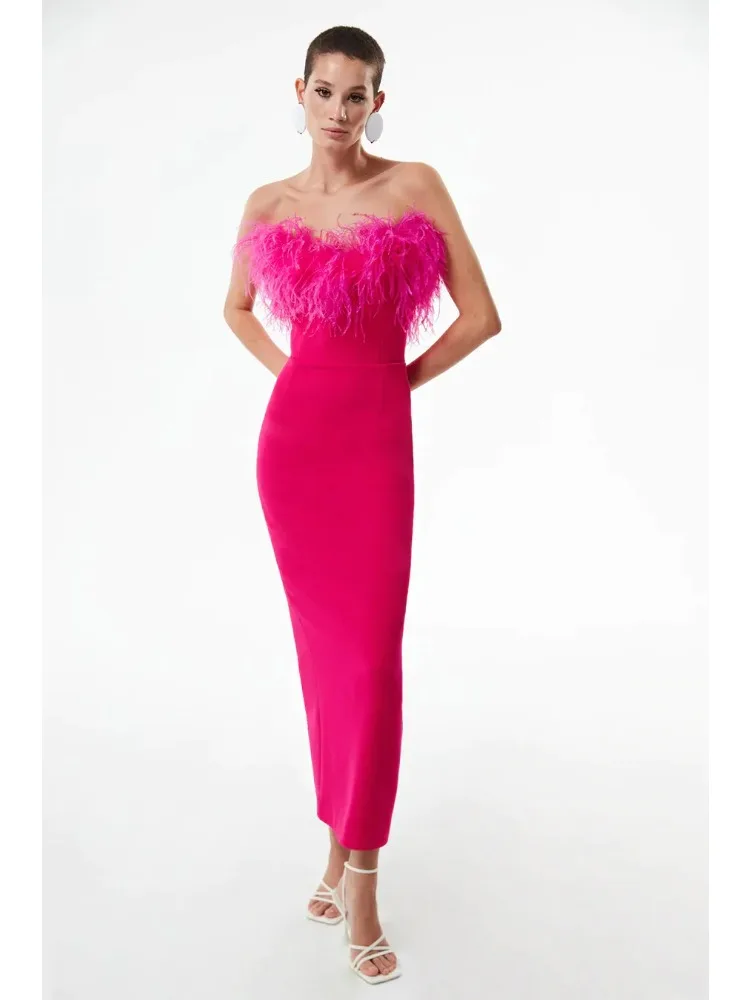 

Sexy Strapless Feather Design Bodycon Dress for Women - Hot Pink Bandage, Long, Chic Party Dress with Spaghetti Straps