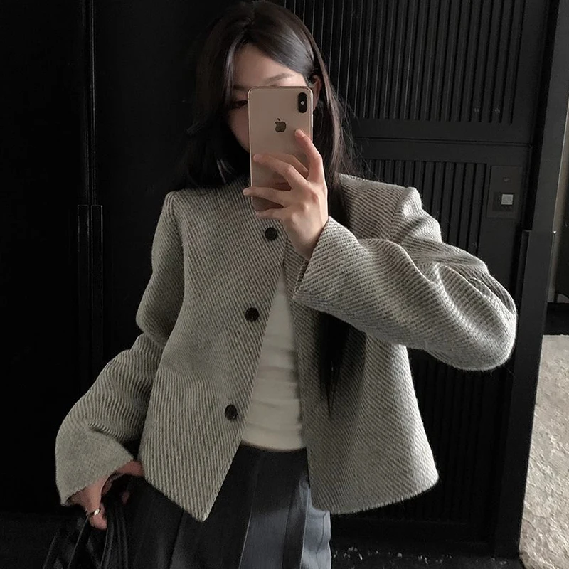 

Vintage Striped Casual Jacket Women Spring Fall Long Sleeve O Neck Simple Coats Loose Office Lady Elegant Button Sweet Jackets