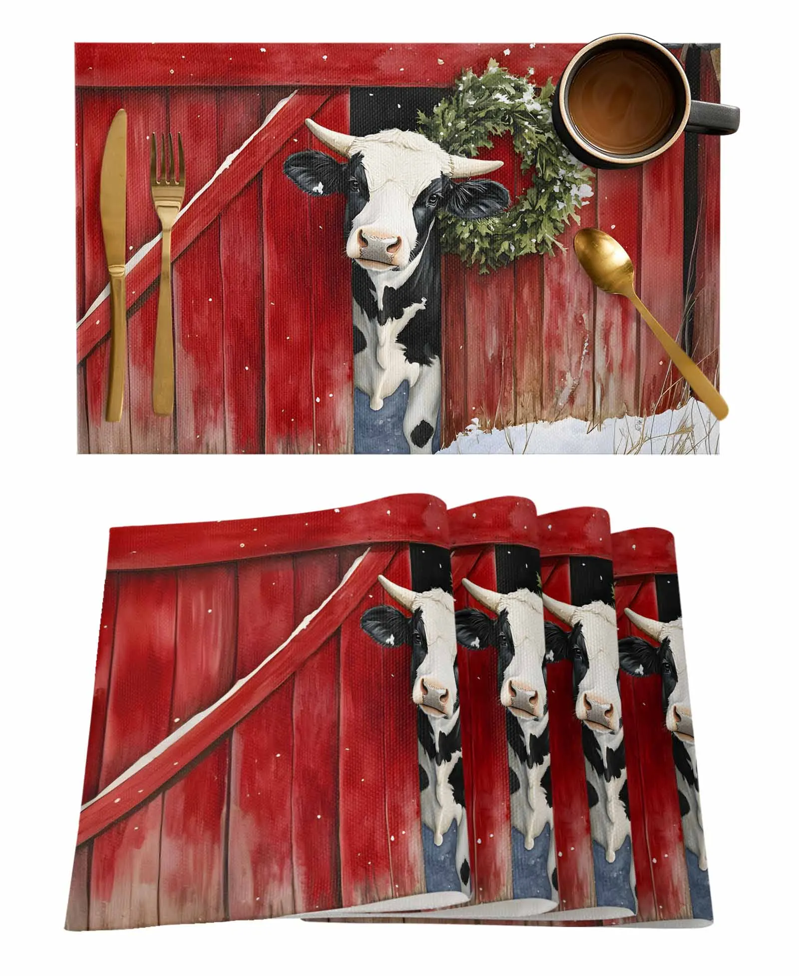 Christmas Red Farmhouse Cow Wreath Table Runners for Dining Room Coffee Home Decoration Tablecloth 4/6 Pcs Placemats Table Cover