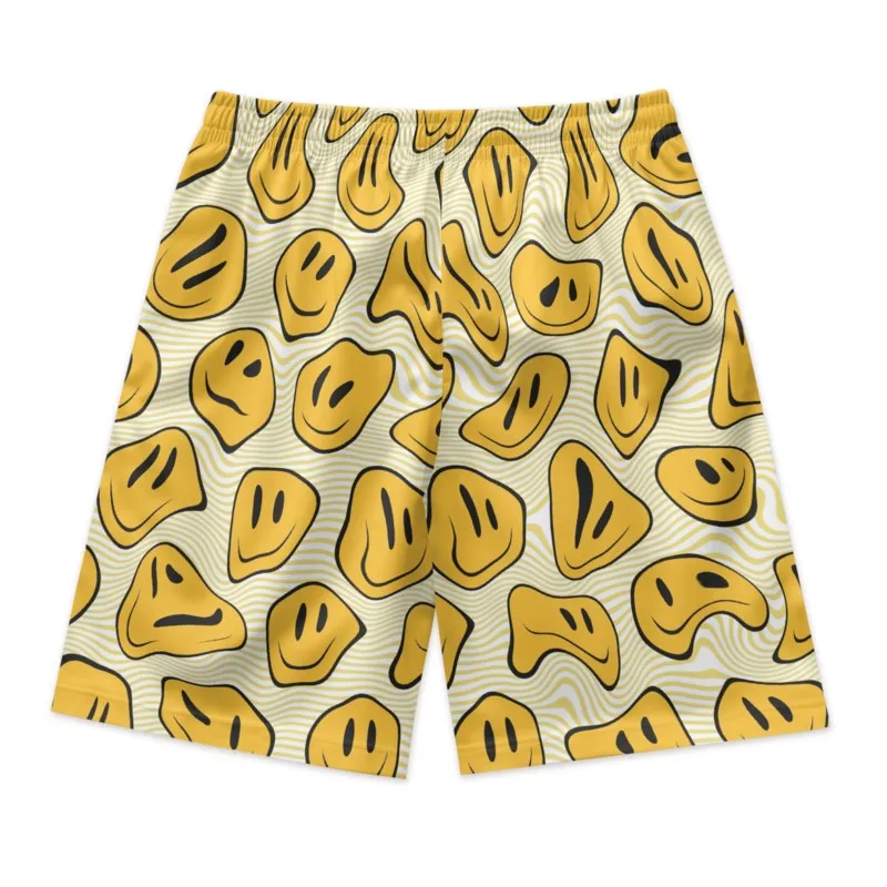 Yellow Smiley Face Print Men's Drawstring Waist Polyester Shorts Quick Dry Breathable Beach Shorts Casual Sport Shorts