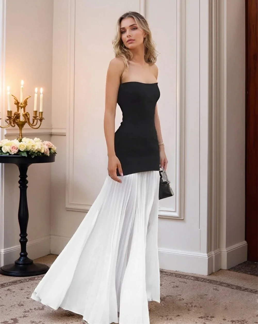 

Black White Strapless Long Bespoke Occasion Gown Evening Dresses Prom Pastrol Unisex Jersey Retro Dubai Saudi Arabic Customized