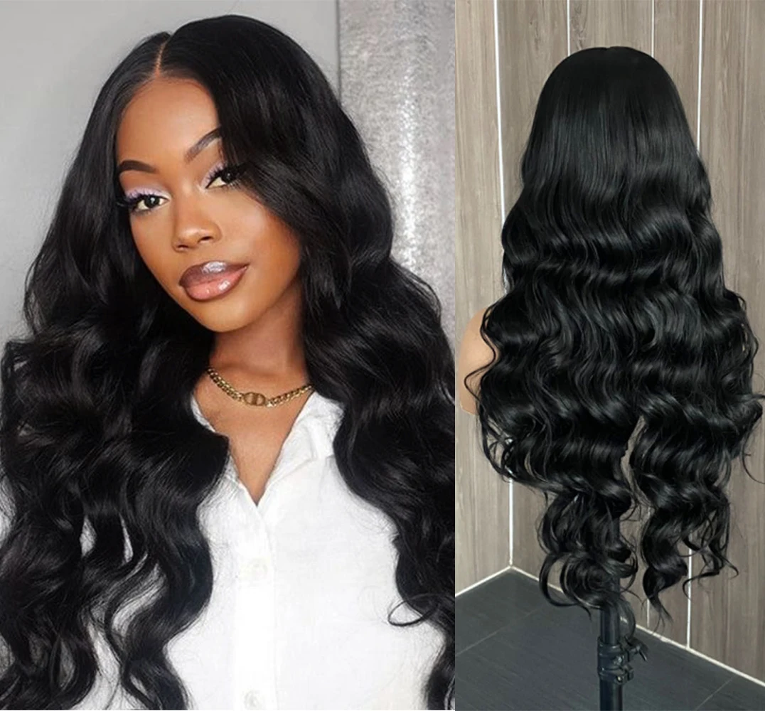 

RONGDUOYI 13X6 Black Long Bady Wave Synthetic Lace Front Wig For Women Daily Used Heat Resistant Fiber Natural Hairline