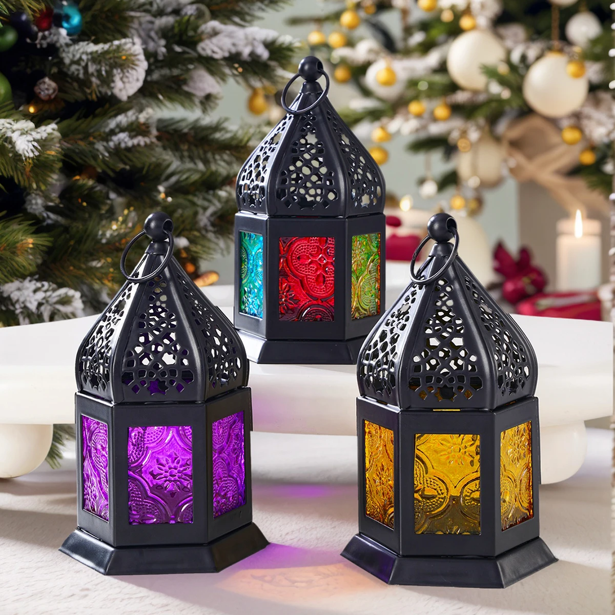 1 Piece, Christmas Decorations Christmas Decorative Candlestick, Colored Glass Bead Hollowed-Out Metal Candlestick