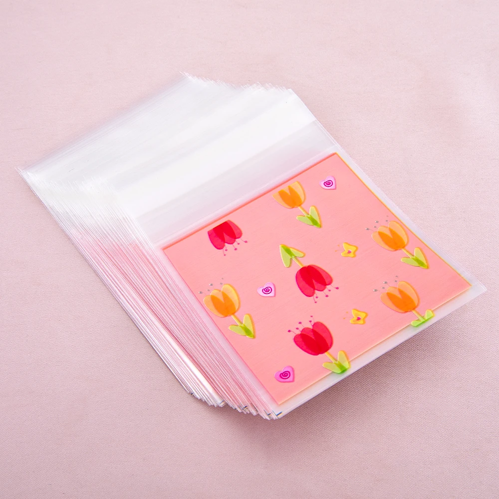 50pcs Tulips Plastic Packing Bags 7x7cm Self-Adhesive Pouches for Candy Cookies Jewelry Gift Packaging Festival Gift Bags