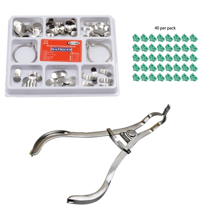 

100 Pcs Dental Matrix Sectional Contoured Metal Matrices Ring/40 Pcs Silicone Add-On Wedges/Dental Pliers Dentist Tools