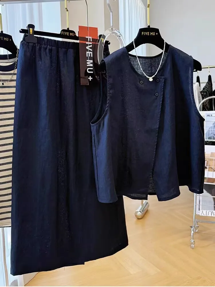 

Новые летние элегантные женские костюмы из хлопка и льна, модный жилет без рукавов, майки + полуюбка, комплект из 2 предметов, повседневная одежда N779