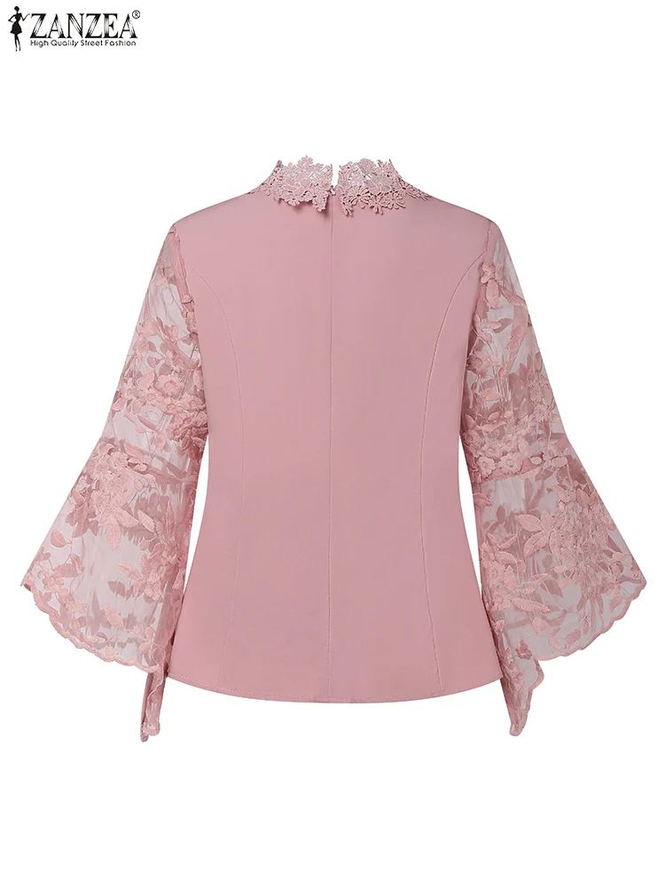 ZANZEA 2025 Elegant Women Blouse Summer 3/4 Flare Sleeve Tunic Tops Fashion Lace Shirts Mesh Patchwork Casual See-through Blusas