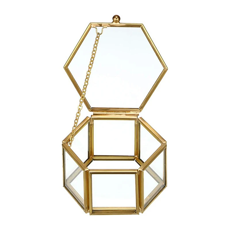 

High-end Hexagonal Ring Box Gold And Jewelry Accessory Box Golden Glass Luxurious And Retro Jewelry Storage Box