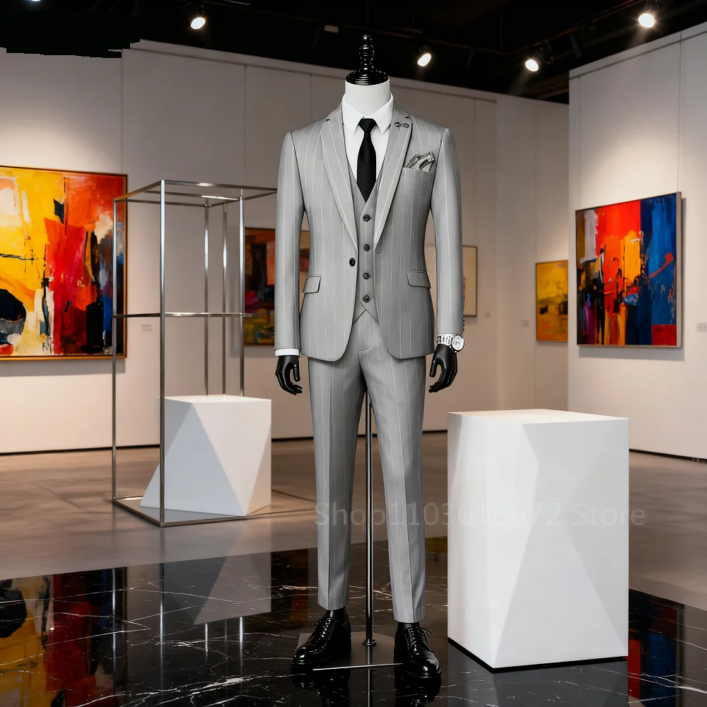 Elegante abito da uomo d'affari in 3 pezzi nero grigio slim fit giacca da sposa gilet sottile regolabile Ternos per la moda maschile