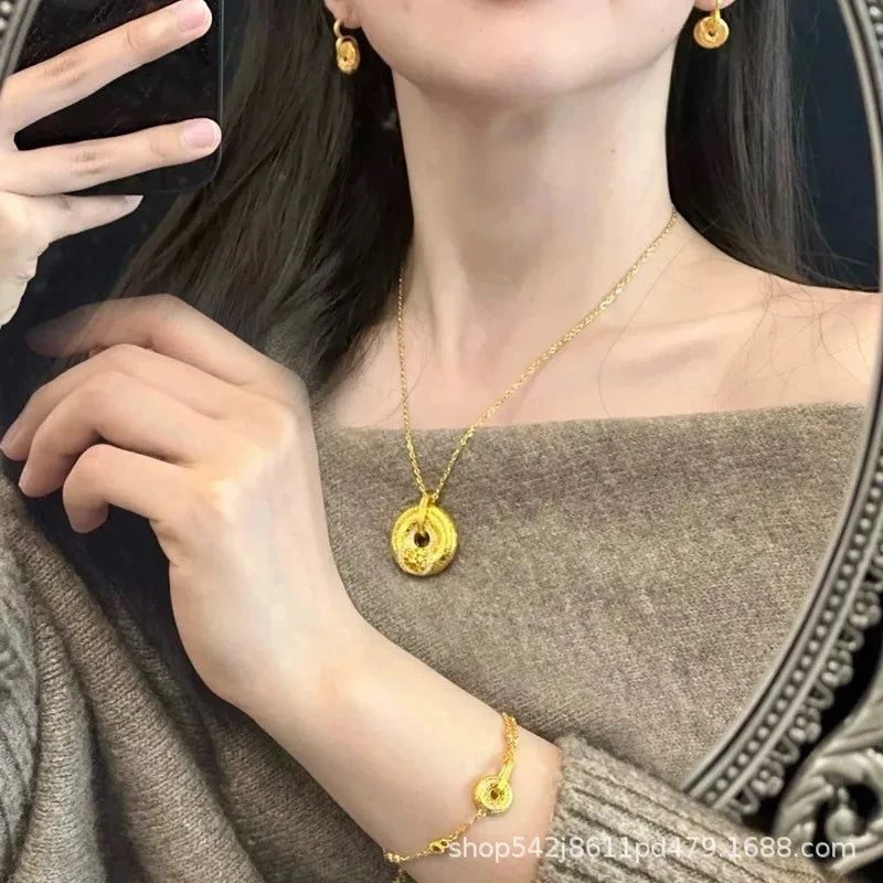

Luxury 24K 9999 Pure Gold real gold Women's Xiangyun Gourd Safe Buckle Necklace Bracelet Ear Buckle Three-piece Set