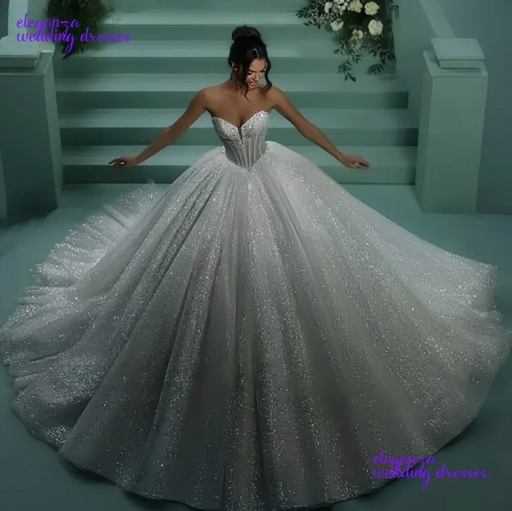 Abiti da sposa in pizzo glitter personalizzati senza spalline principessa paillettes perle abito da sposa abito da sposa scintillante senza schienale