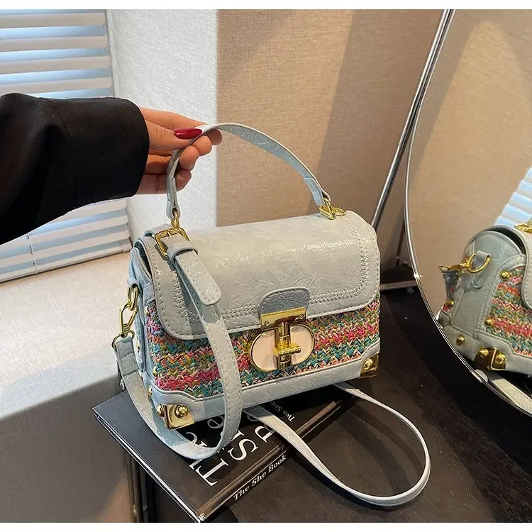 

2025 New Arrival! High-Quality Rainbow Color-Blocked Crossbody Women's Knitted Versatile Shoulder Bucket Bag with Elastic Pocket