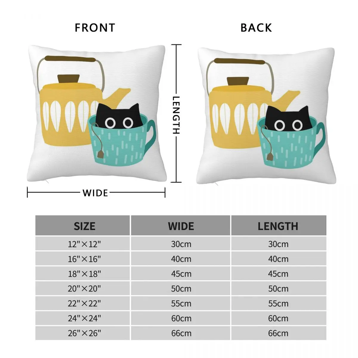 Tea Time Cat Teapot Square Pillowcase Polyester Linen Velvet Pattern Zip Decorative Room Cushion Cover