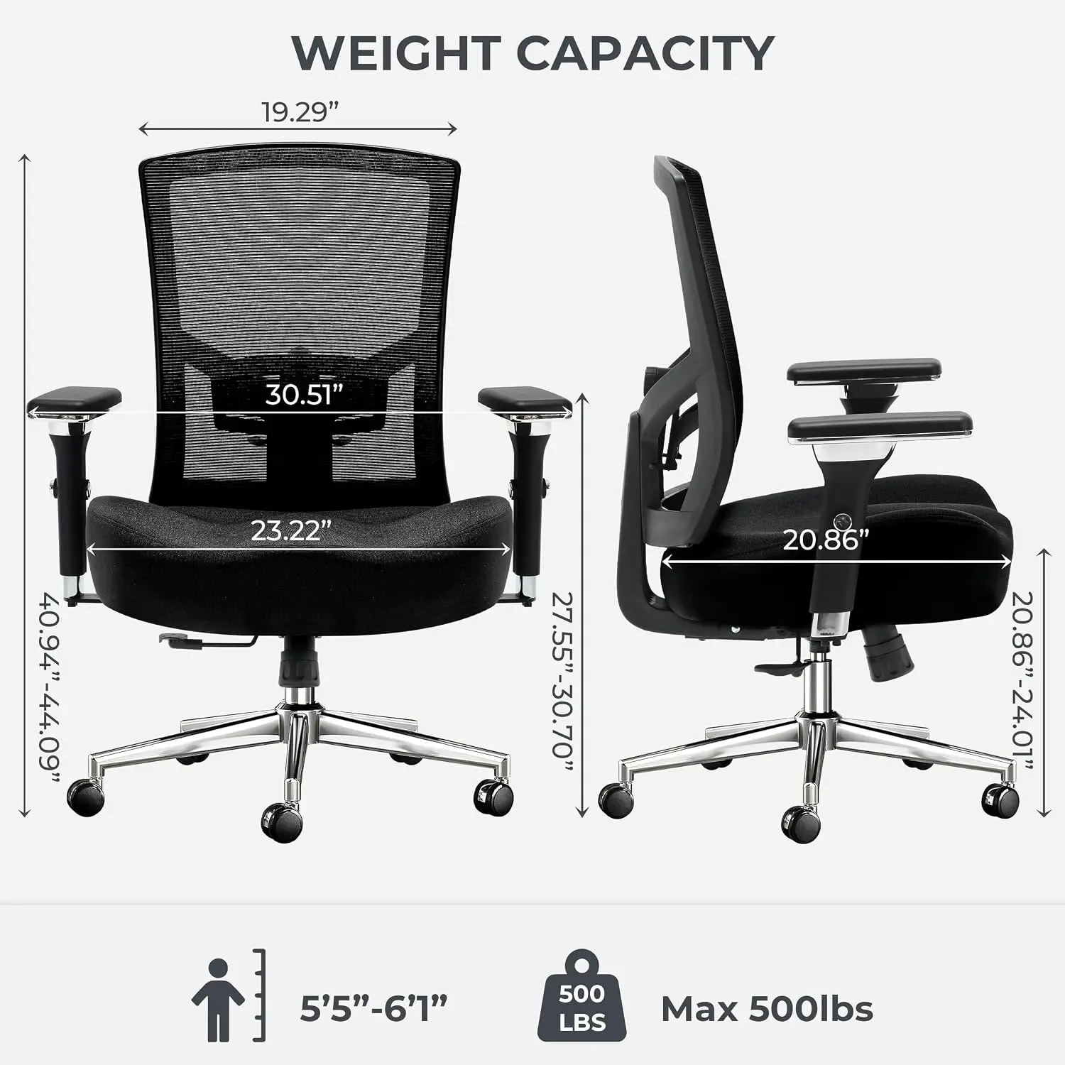 Oversize Ergonomic Mesh Office Chair 500lbs, Heavy Duty High Back Wide Seat, Adjustable Lumbar Support, 4D Armrests, Customized