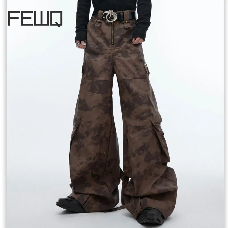 

FEWQ Niche Vintage Multi Pocket Workwear PU Leather Pants Metal Button Pleated Wide Leg Trousers New High Street 24E1828