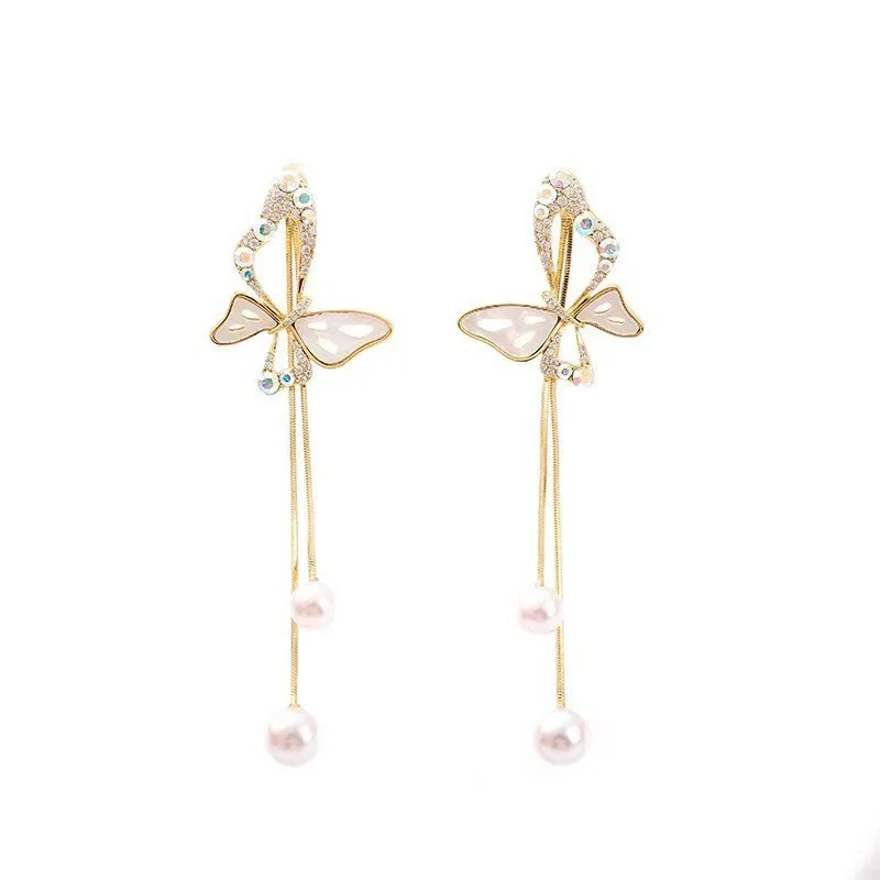 Luxury Fashion Butterfly Stud Earrings Tassel Long Earrings Female 14k Real Gold Plated Delicate Pearl Drop Earrings For Women