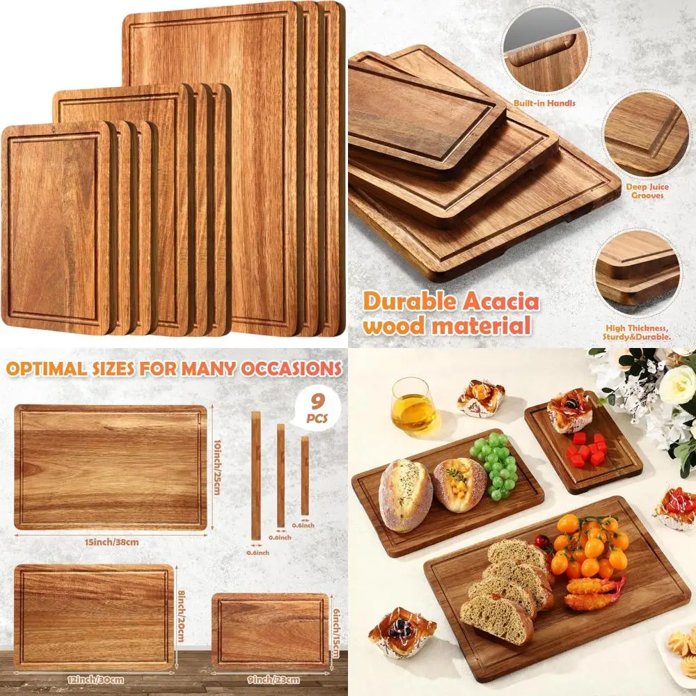 

Acacia Wood 3-Size Kitchen Cutting Boards with Juice Grooves & Handles, Heavy Duty for Meat & Vegetables, Easy Maintenance Gadge