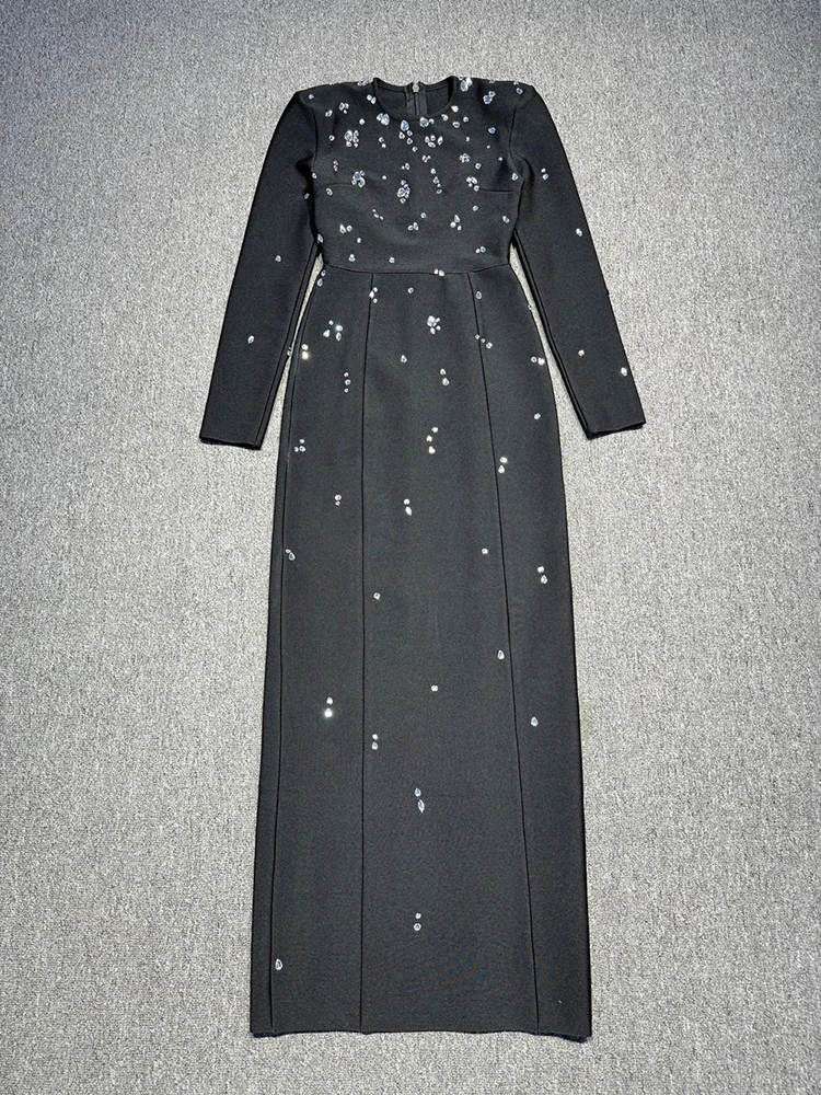 Robe Longue à Manches sulfet Col Rond pour Femme, Tenue de Soirée Sexy avec Diamants, Strass Noirs et Perles