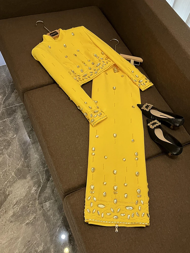 

Faionable Heavy Embellied ort Top с длинной юбкой, комплект из двух предметов, Новое поступление, платье знаменитостей с бриллиантами