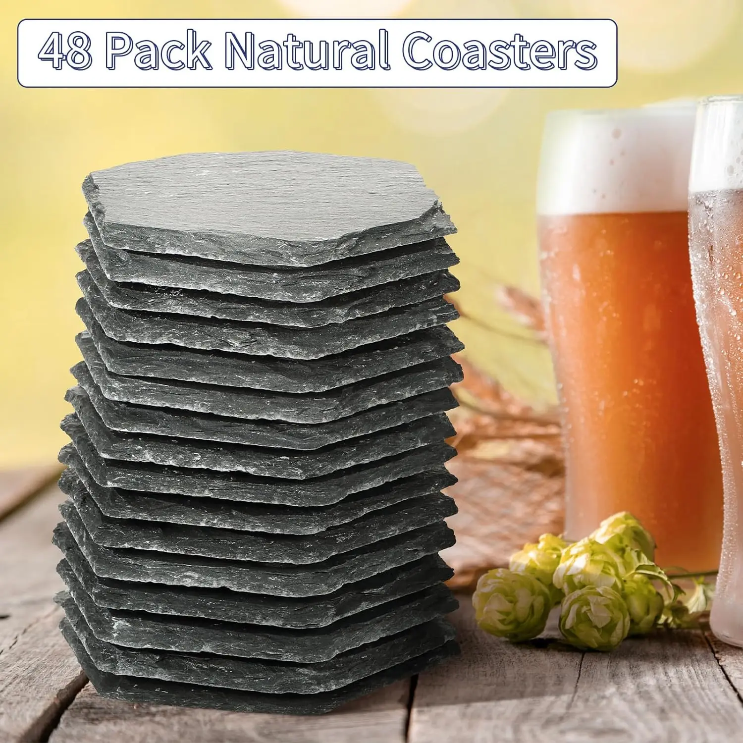 8Pcs Slate Coasters Bulk - 4 Inch Hexagon Black Stone Coasters for Engraving, Drink Sets for Kitchen, Bar, and Home
