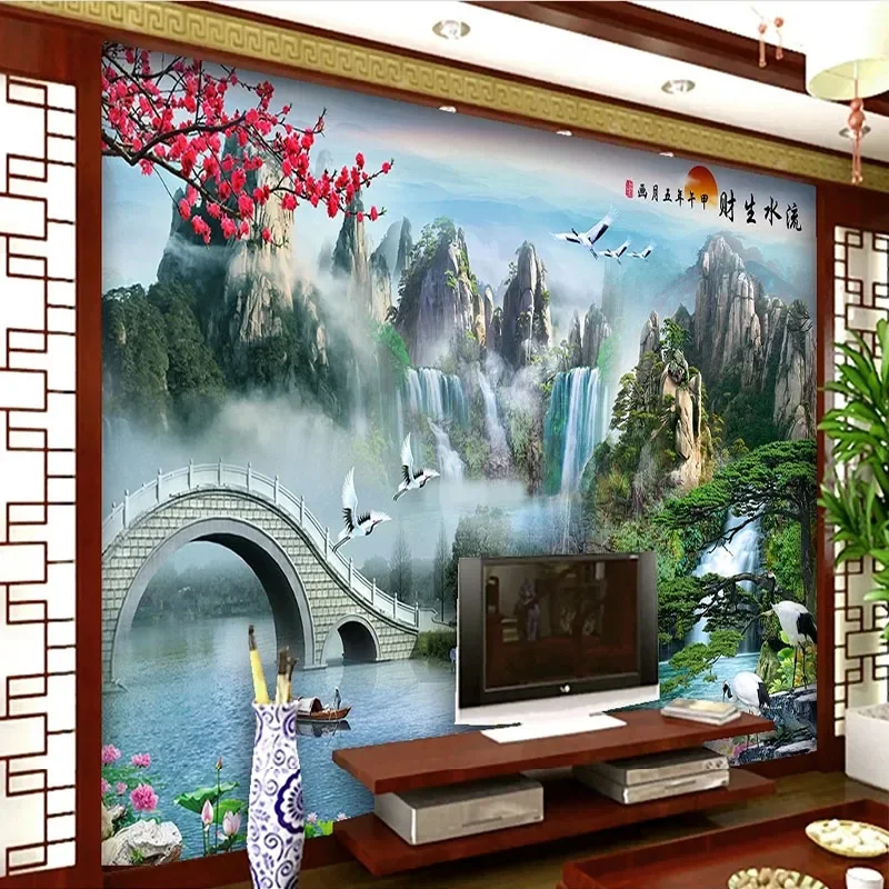 

Custom Mural Scenic Plum Blossom Mountain Water-Style TV Wallpaper For Bedroom Wall For Living Room Home Decor Poster Tapety Art