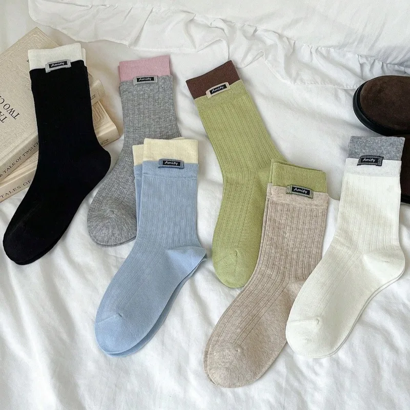 Women Socks New Fasion Spring Summer Cotton Color Blocking Label Letter Korean Style Breathable Casual Long Socks