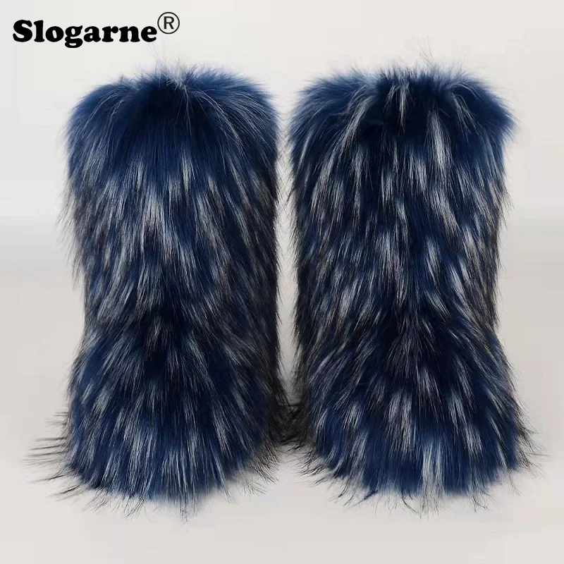 Women Winter Faux Raccoon Fur Snow Boots Woman Plush Warm Furry Boots Luxury Footwear Girls Fashion Colorful Fluffy Shoes Bottes