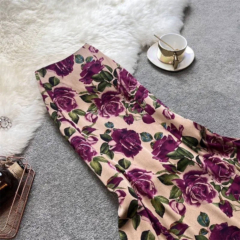 High-Grade Rose High Waist Hip Skirt Floral Temperament Women Skirt Summer Thin A-Line 2024 High Waist Vintage Fishtail Skirts