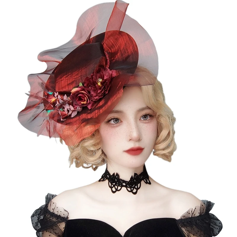 

Sweet Women Students Carnival Photoshoot Cosplay Hair Clip Flower Decor Flat Top Hat Shape Hair Pins Delicate Hair Clip